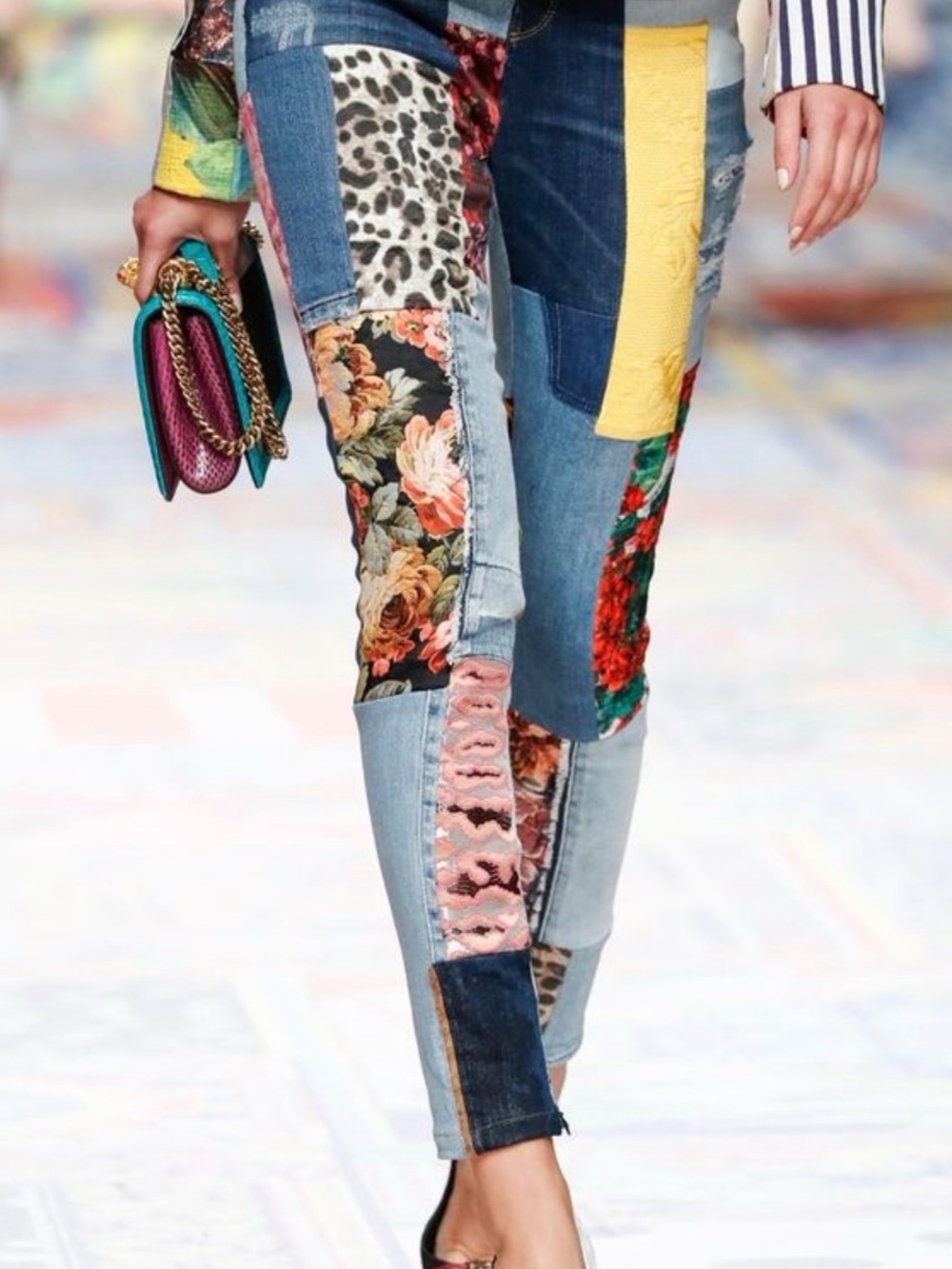 Patchwork Dark Blue Denim Jeans with Mixed Print Panels